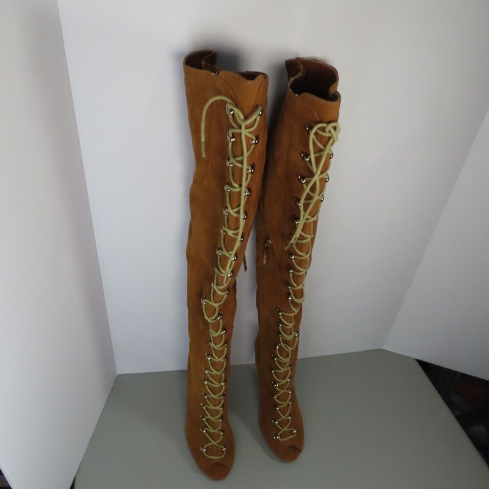 Liliana Tan Camel Lace Up Over The Knee Boots Womens Size 8 Peep Toe High Heel